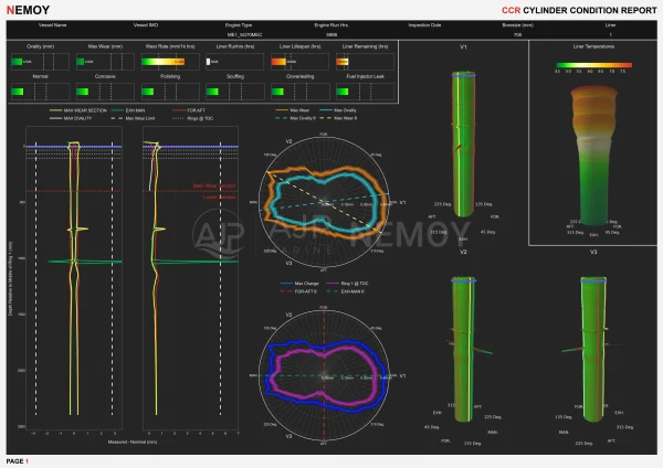 Cylinder measurement page with diameter and wear profiles, polar sections, 3D views and a separate temperature map.