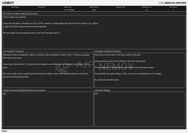 Report page with technical comments on liner, piston and combustion chamber condition.