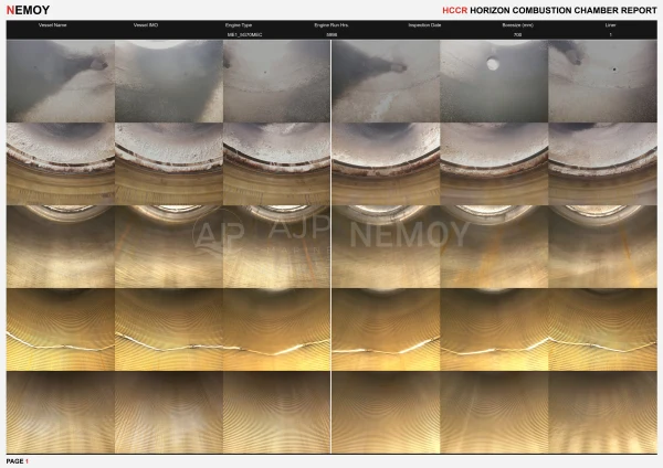 VLI report page with a photographic grid showing the upper chamber and liner surfaces at different positions.