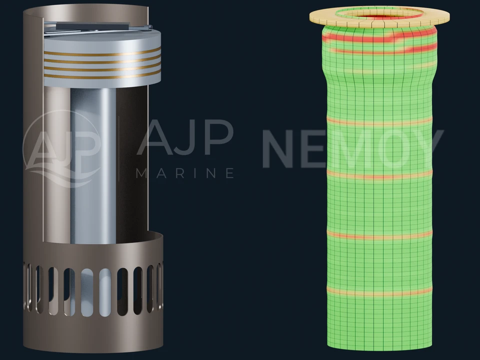 Animation illustrating Omega scanning inside a cylinder liner and the progressive 3D reconstruction, with AJP Marine and Nemoy branding.
